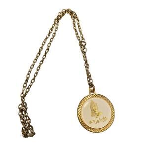 Serenity Prayer 1.5 inch Pendant Necklace Gold Praying Hands 24 inch Link Chain